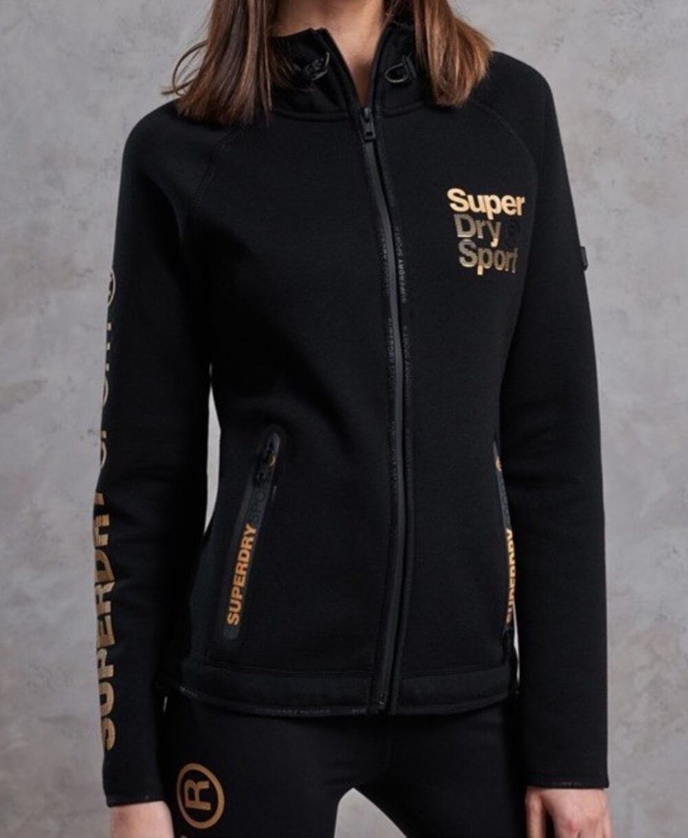 NWT Superdry Sport XS Women’s Super Tech Hoodie Jacket Black Rose Gold Logo